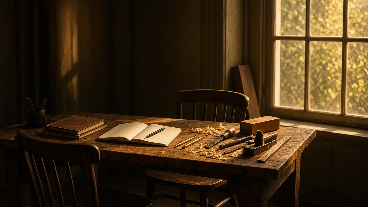 A collaborative writing table in late light