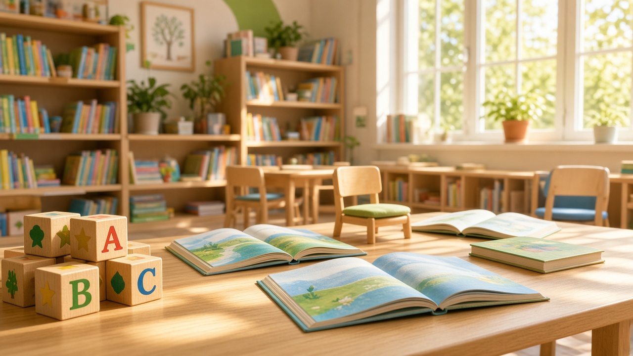 A sunny children’s library with books and wooden letter blocks